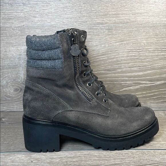 Moncler Viviane Dark Gray Suede Women’s Sz 8/EU 38 Double Zip Heeled Combat Boot - Picture 1 of 13